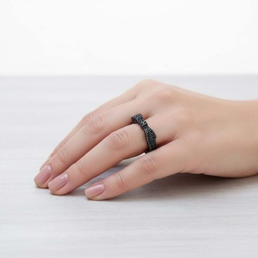 925 Sterling Silver Black CZ Bow Ring Size 7 Ribbon Band